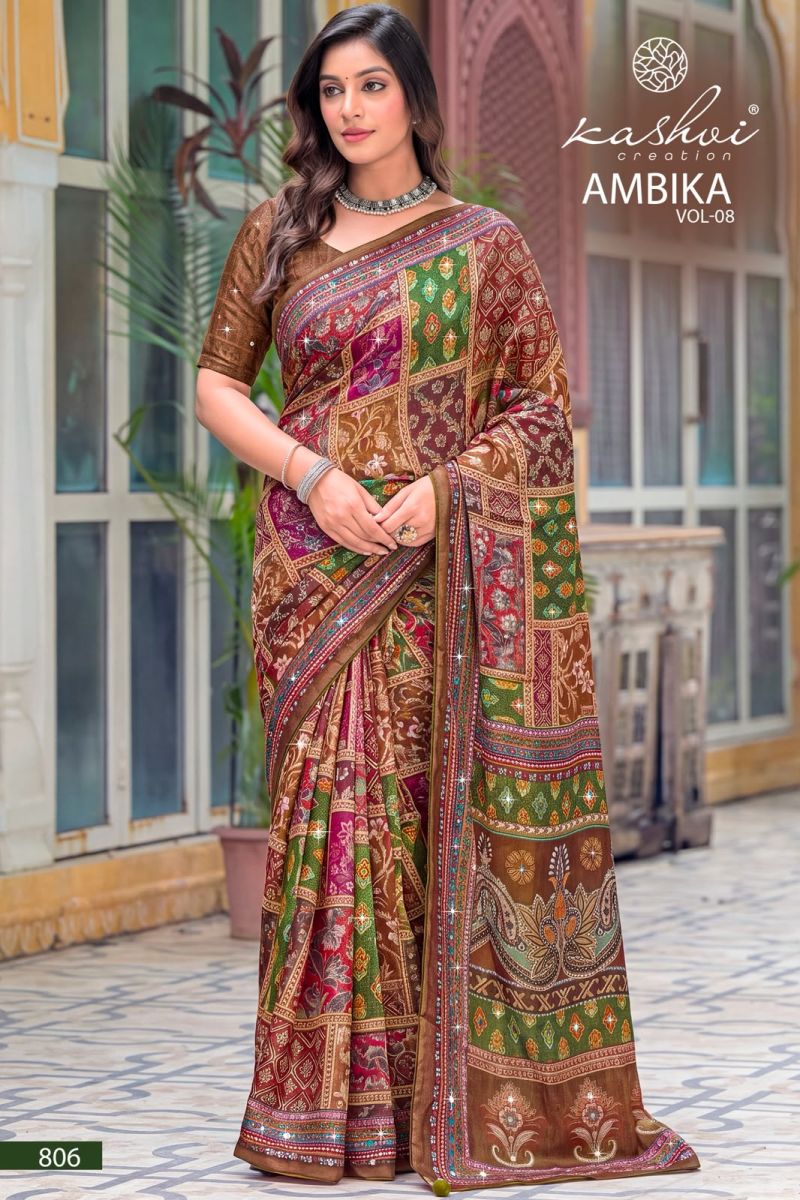 Kashvi Ambika Vol 8 Chocolate Digital Print Glass Work Saree Catalog — Festival Sarees, Kashvi Creation wholesale from Surat — view 7