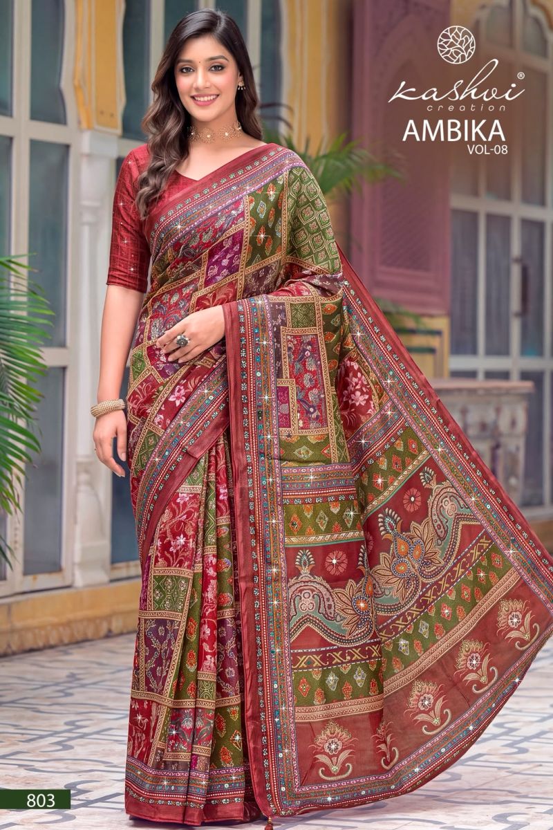 Kashvi Ambika Vol 8 Chocolate Digital Print Glass Work Saree Catalog — Festival Sarees, Kashvi Creation wholesale from Surat — view 6