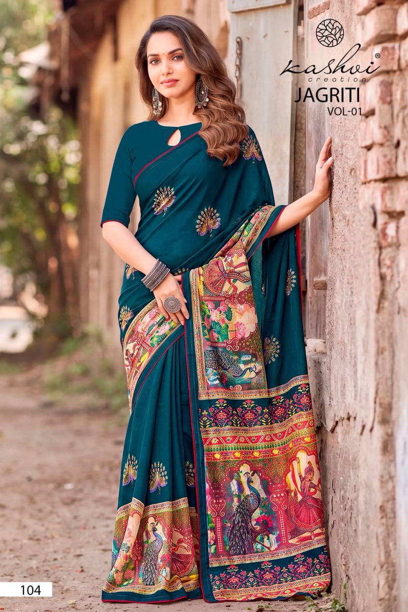 Kashvi Jagriti Vol 1 Wholesale Dull Moss Foil Printed Saree Collection — Festival Sarees, Kashvi Creation wholesale from Surat — view 5