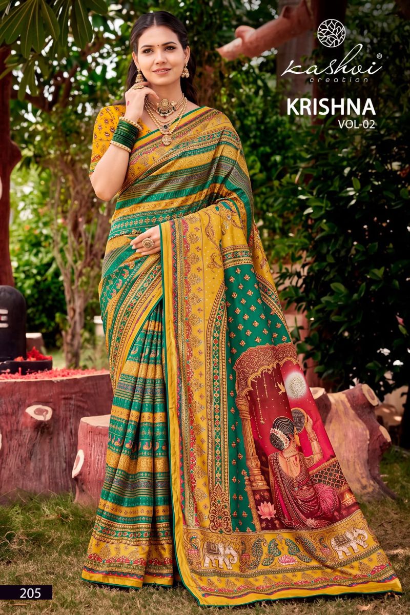 Kashvi Krishna Vol 2 Chocolate Digital Print Glass Work Saree Collection — Festival Sarees, Kashvi Creation wholesale from Surat — Photo 7