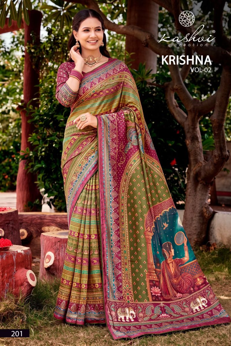 Kashvi Krishna Vol 2 Chocolate Digital Print Glass Work Saree Collection