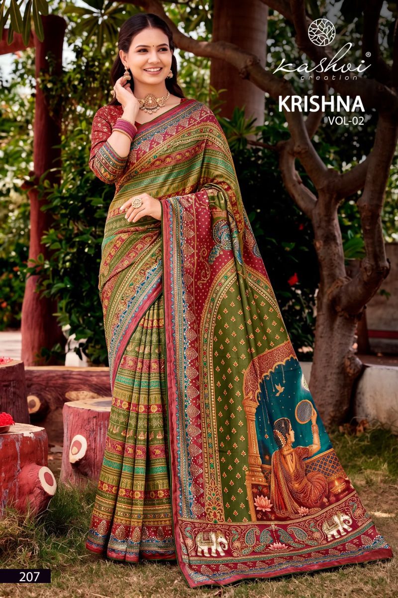 Kashvi Krishna Vol 2 Chocolate Digital Print Glass Work Saree Collection — Festival Sarees, Kashvi Creation wholesale from Surat — Photo 5