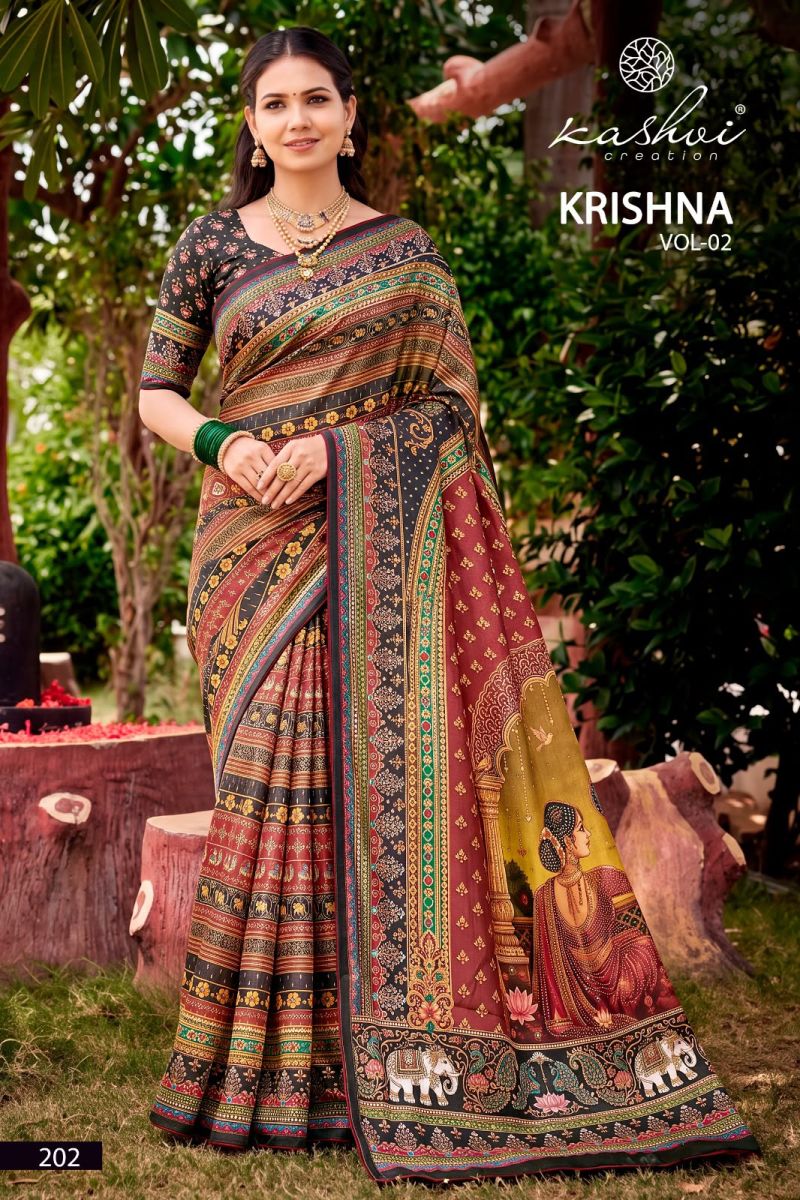 Kashvi Krishna Vol 2 Chocolate Digital Print Glass Work Saree Collection — Festival Sarees, Kashvi Creation wholesale from Surat — Photo 4
