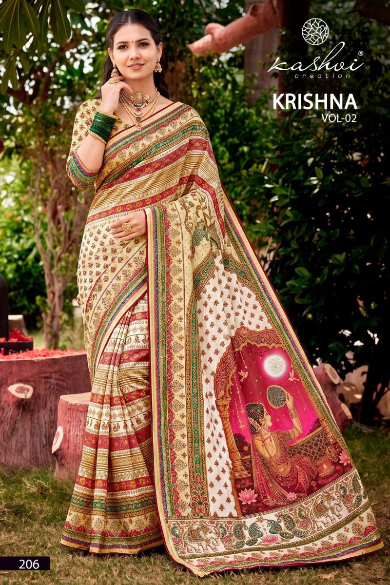 Kashvi Krishna Vol 2 Chocolate Digital Print Glass Work Saree Collection — Festival Sarees, Kashvi Creation wholesale from Surat — Photo 3