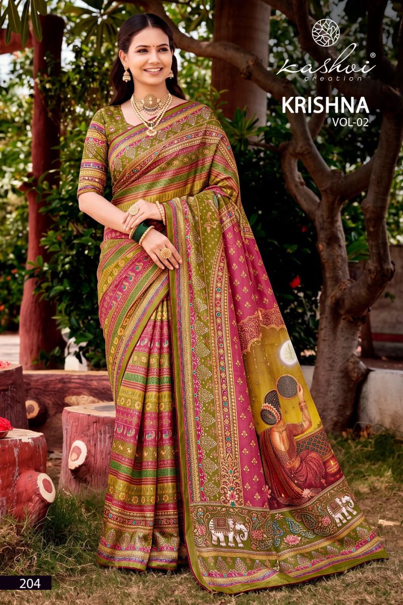 Kashvi Krishna Vol 2 Chocolate Digital Print Glass Work Saree Collection — Festival Sarees, Kashvi Creation wholesale from Surat — Photo 2