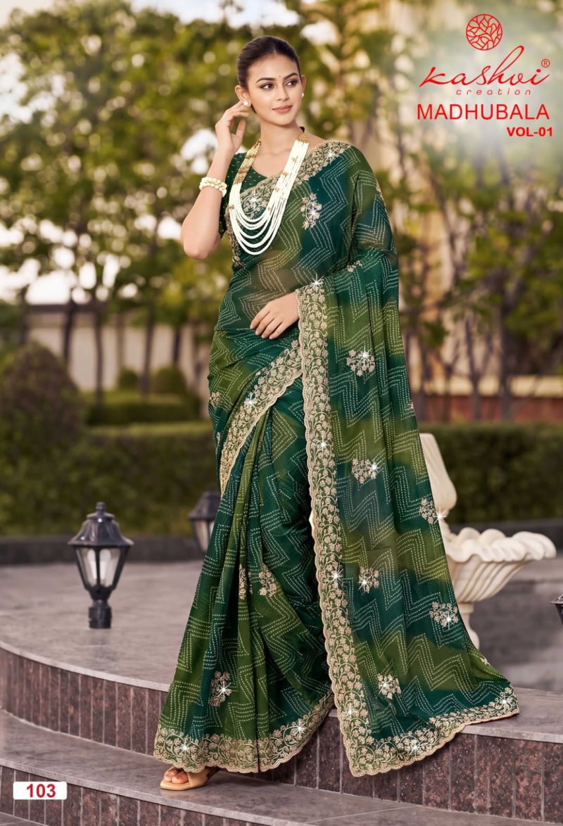 Kashvi Madhubala Vol 1 Chiffon With Embroidery And Swarovski Work Saree Catalog — Wholesale Sarees, Kashvi Creation wholesale from Surat — Photo 4