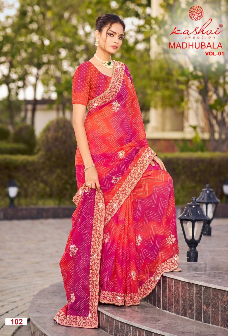 Kashvi Madhubala Vol 1 Chiffon With Embroidery And Swarovski Work Saree Catalog — Wholesale Sarees, Kashvi Creation wholesale from Surat — Photo 3