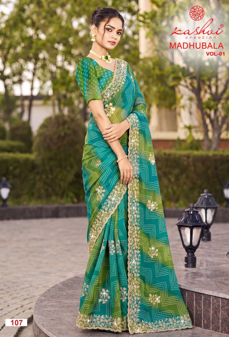Kashvi Madhubala Vol 1 Chiffon With Embroidery And Swarovski Work Saree Catalog — Wholesale Sarees, Kashvi Creation wholesale from Surat — Photo 2