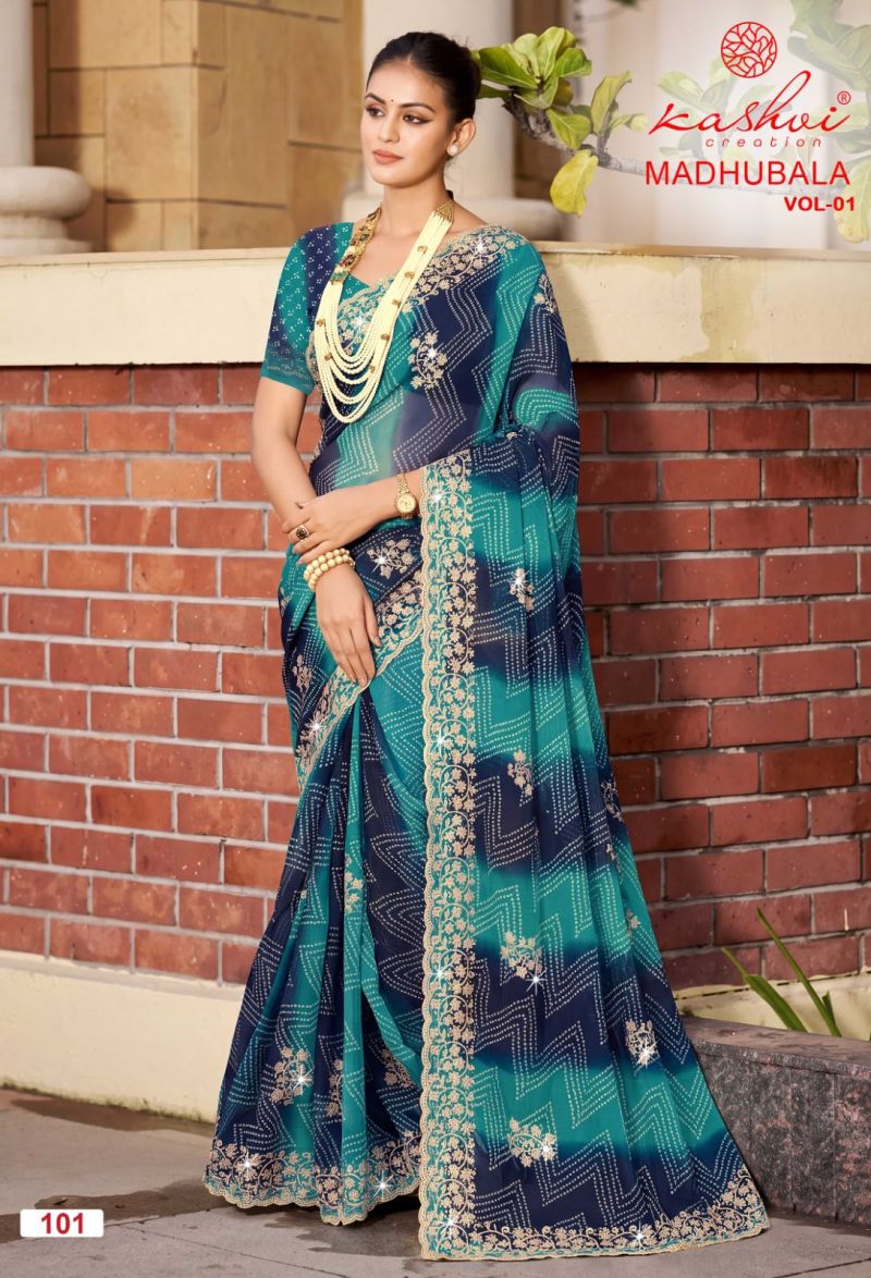 Kashvi Madhubala Vol 1 Chiffon With Embroidery And Swarovski Work Saree Catalog — Wholesale Sarees, Kashvi Creation wholesale from Surat — Photo 8