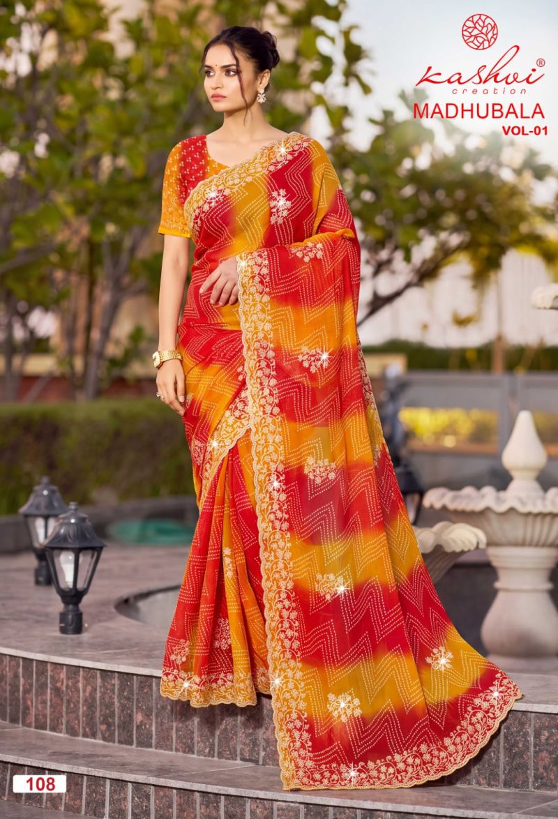 Kashvi Madhubala Vol 1 Chiffon With Embroidery And Swarovski Work Saree Catalog — Wholesale Sarees, Kashvi Creation wholesale from Surat — Photo 7