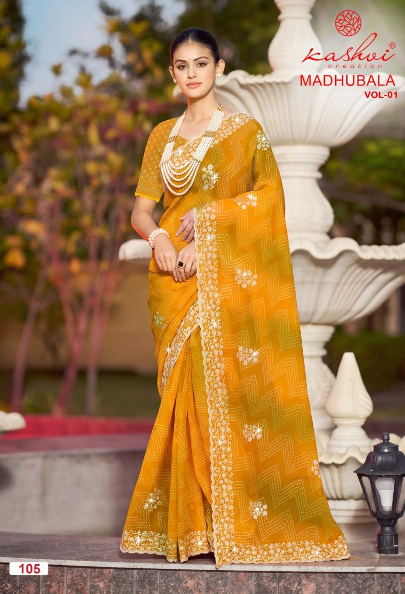 Kashvi Madhubala Vol 1 Chiffon With Embroidery And Swarovski Work Saree Catalog — Wholesale Sarees, Kashvi Creation wholesale from Surat — Photo 6