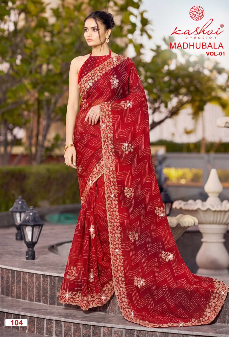 Kashvi Madhubala Vol 1 Chiffon With Embroidery And Swarovski Work Saree Catalog — Wholesale Sarees, Kashvi Creation wholesale from Surat — Photo 5