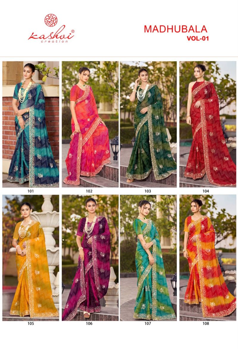 Kashvi Madhubala Vol 1 Chiffon With Embroidery And Swarovski Work Saree Catalog — Wholesale Sarees, Kashvi Creation wholesale from Surat — Photo 9