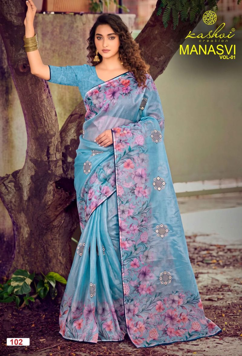 Kashvi Manasvi Vol 1 Crush Chiffon Digital Print Embroidered Saree Catalog — Festival Sarees, Kashvi Creation wholesale from Surat — Photo 6