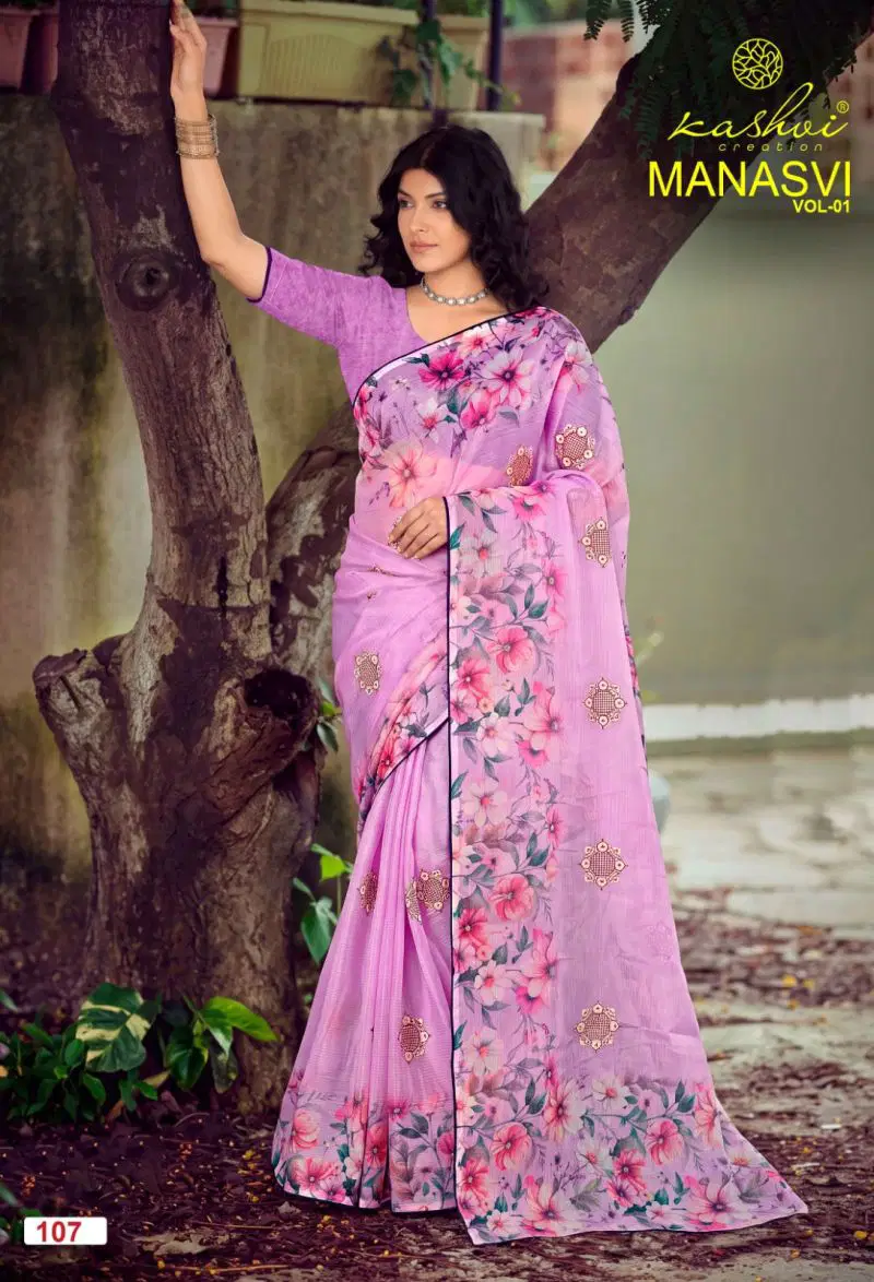 Kashvi Manasvi Vol 1 Crush Chiffon Digital Print Embroidered Saree Catalog — Festival Sarees, Kashvi Creation wholesale from Surat — Photo 5