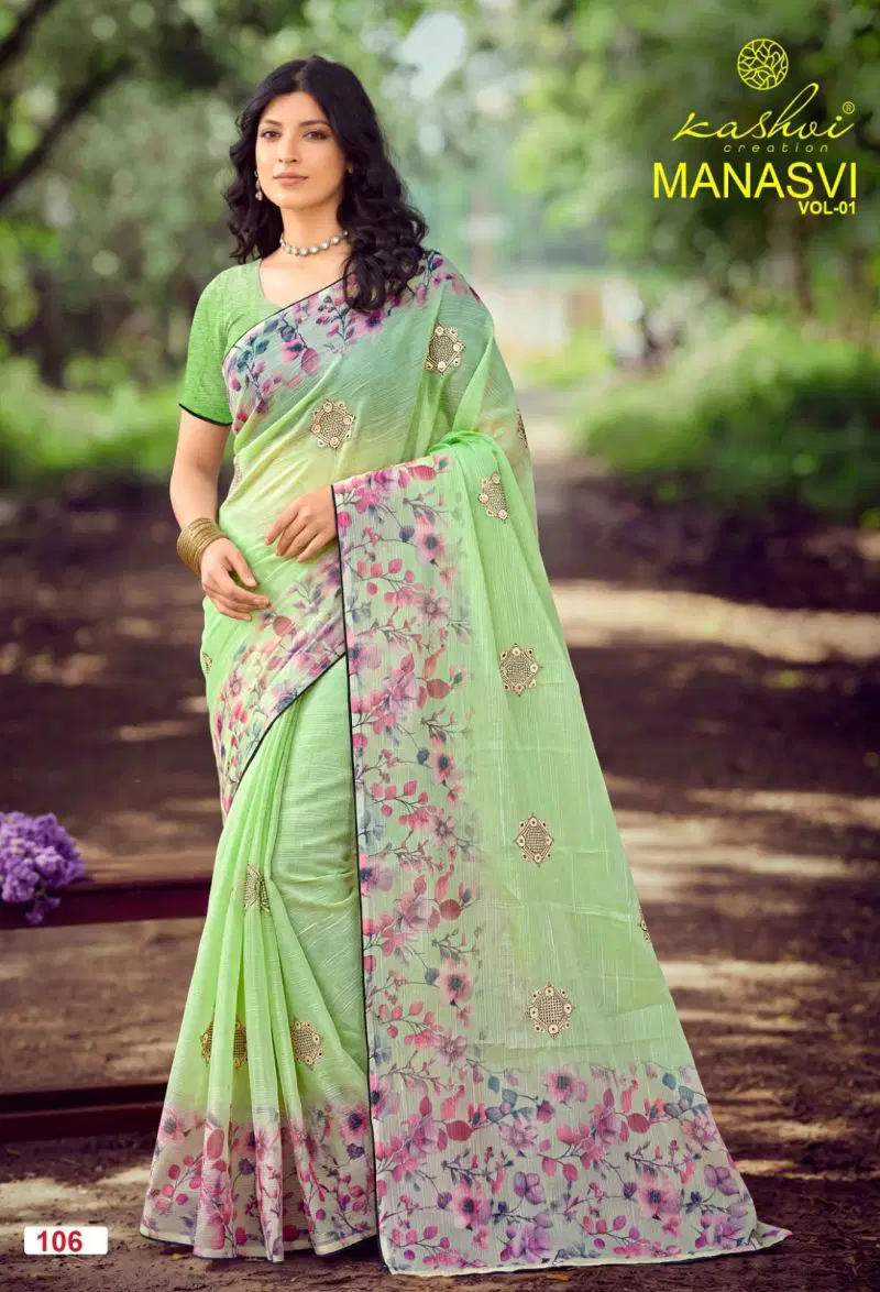Kashvi Manasvi Vol 1 Crush Chiffon Digital Print Embroidered Saree Catalog — Festival Sarees, Kashvi Creation wholesale from Surat — Photo 4