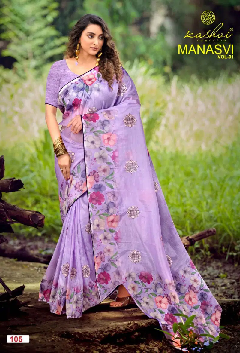 Kashvi Manasvi Vol 1 Crush Chiffon Digital Print Embroidered Saree Catalog — Festival Sarees, Kashvi Creation wholesale from Surat — Photo 3