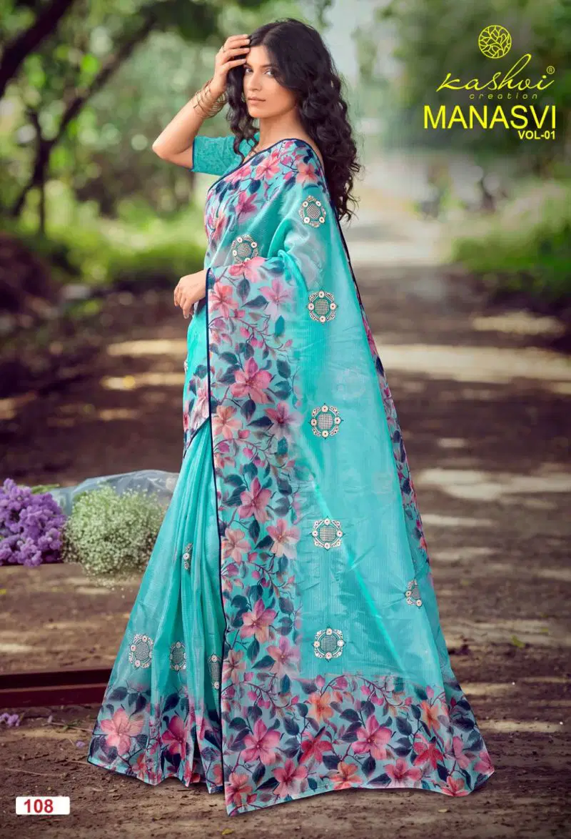 Kashvi Manasvi Vol 1 Crush Chiffon Digital Print Embroidered Saree Catalog — Festival Sarees, Kashvi Creation wholesale from Surat — Photo 8