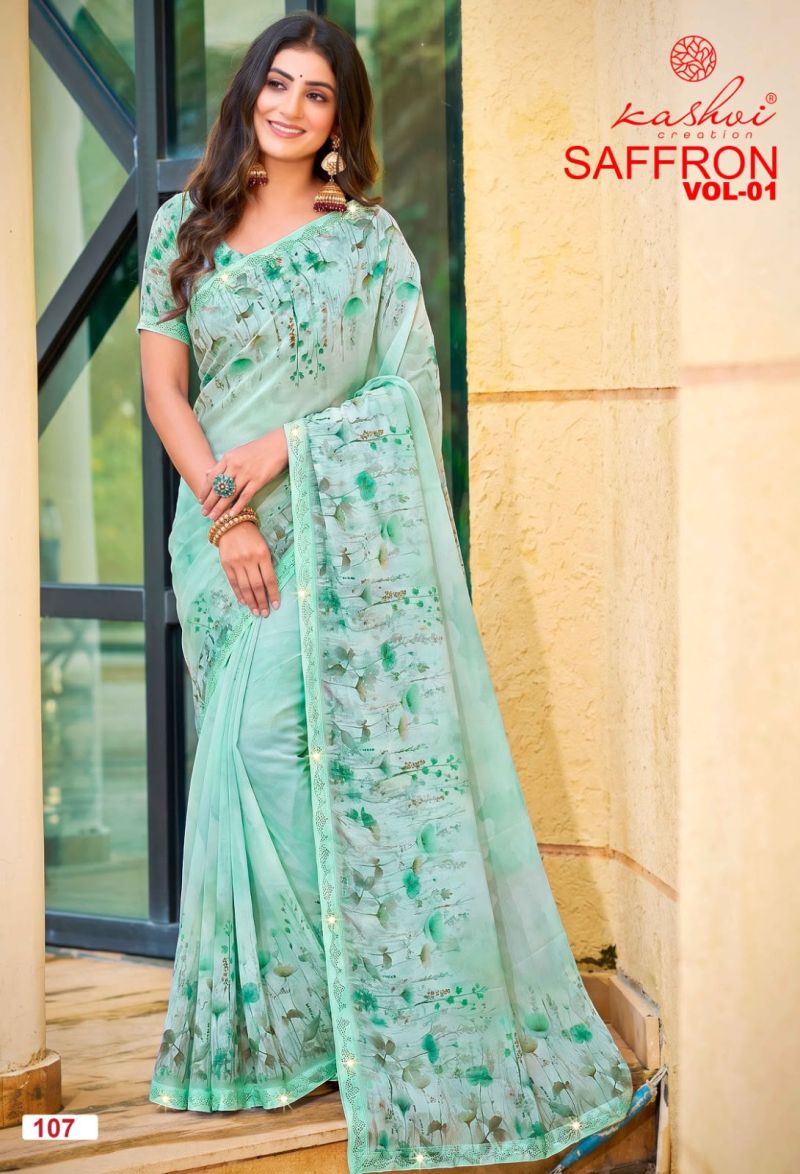 Kashvi Saffron Vol 1 Raga Weightless Swarovski Work Saree Catalog — Wholesale Sarees, Kashvi Creation wholesale from Surat — Photo 3