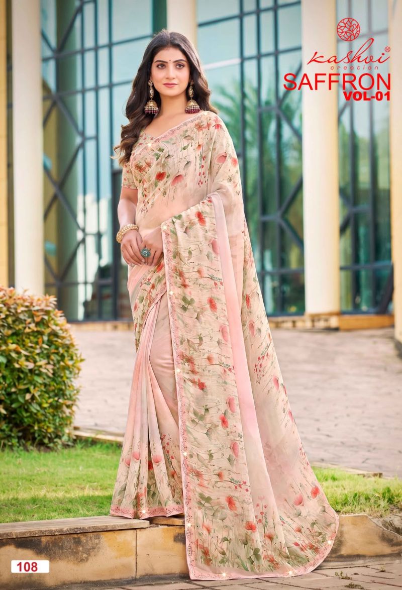 Kashvi Saffron Vol 1 Raga Weightless Swarovski Work Saree Catalog