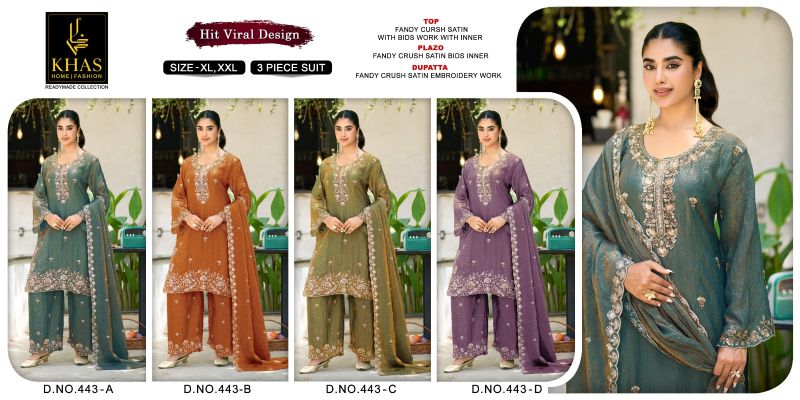 Khas 443 A To D Fandy Crush Satin Beads Work Salwar Kameez Catalog — Wholesale Salwar Suits, Khash Fashion wholesale from Surat — view 5