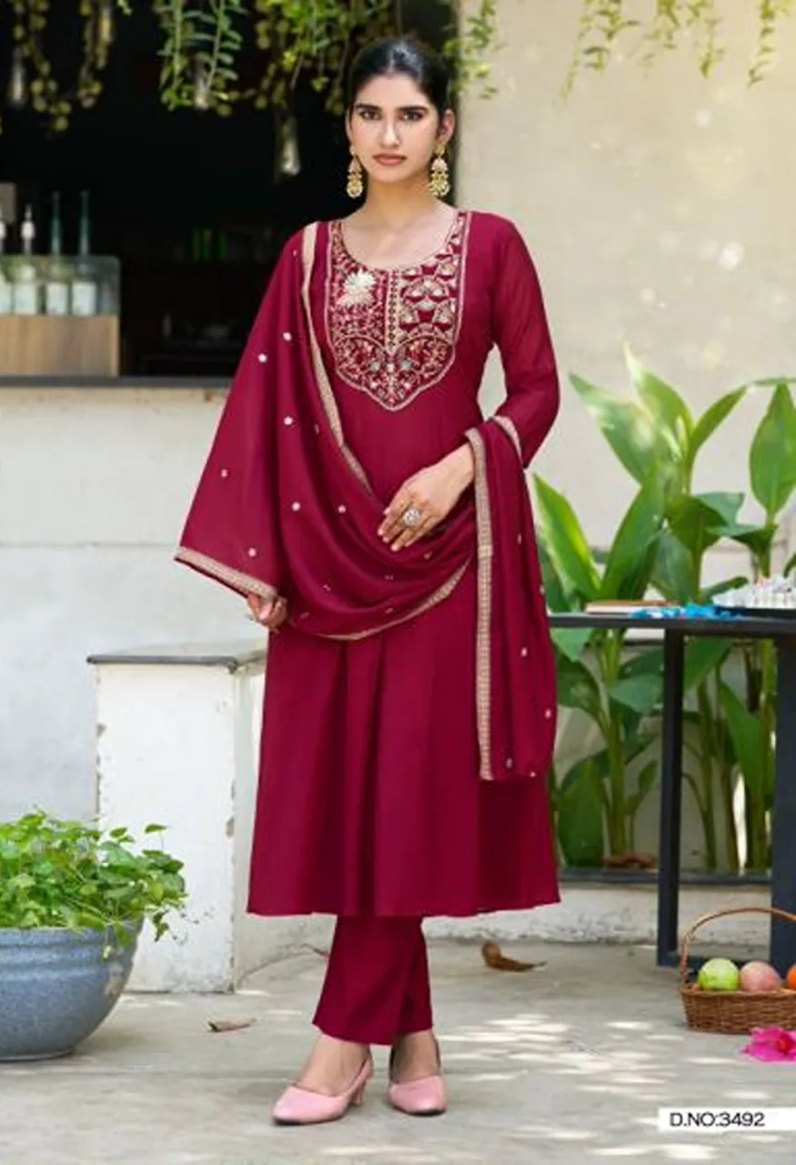 Ladies Flavour 3492 And 3494 Mul Chanderi Hand Work Kurti With Bottom Dupatta Catalog — Wholesale Kurtis, Ladies Flavour wholesale from Surat — Photo 4