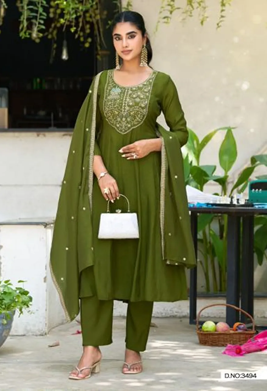 Ladies Flavour 3492 And 3494 Mul Chanderi Hand Work Kurti With Bottom Dupatta Catalog — Wholesale Kurtis, Ladies Flavour wholesale from Surat — Photo 3