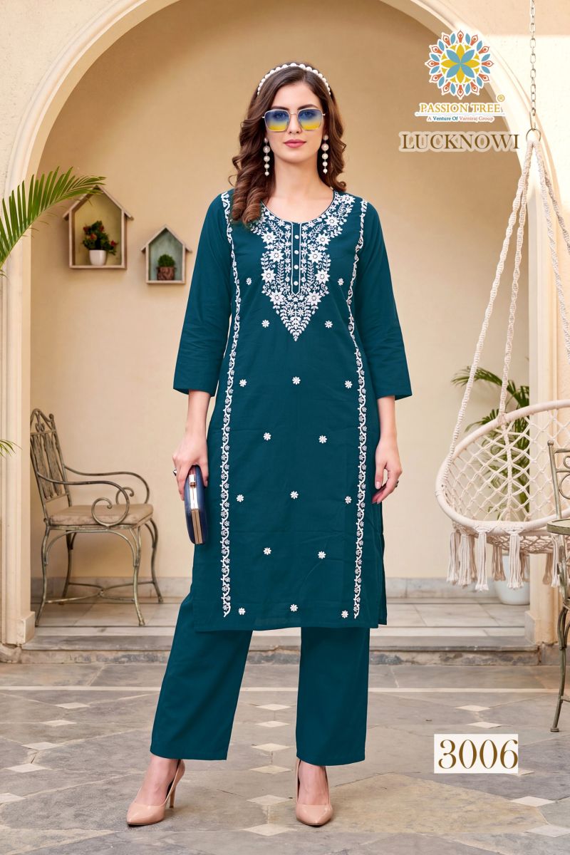 Lucknowi Vol 3 By Passion Tree Cotton Dhabu Embroidery Work Kurti And Plazzo Catalog — Wholesale Kurtis, Passion Tree wholesale from Surat — view 8