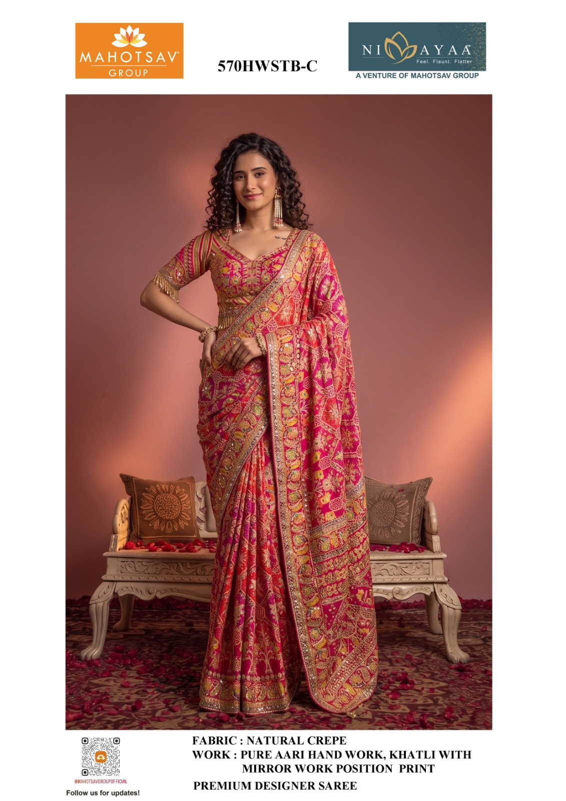 Mahotsav Nimaya Rajwadi Natural Crepe Aari &amp; Mirror Work Saree — Singles, Mahotsav wholesale from Surat — view 4