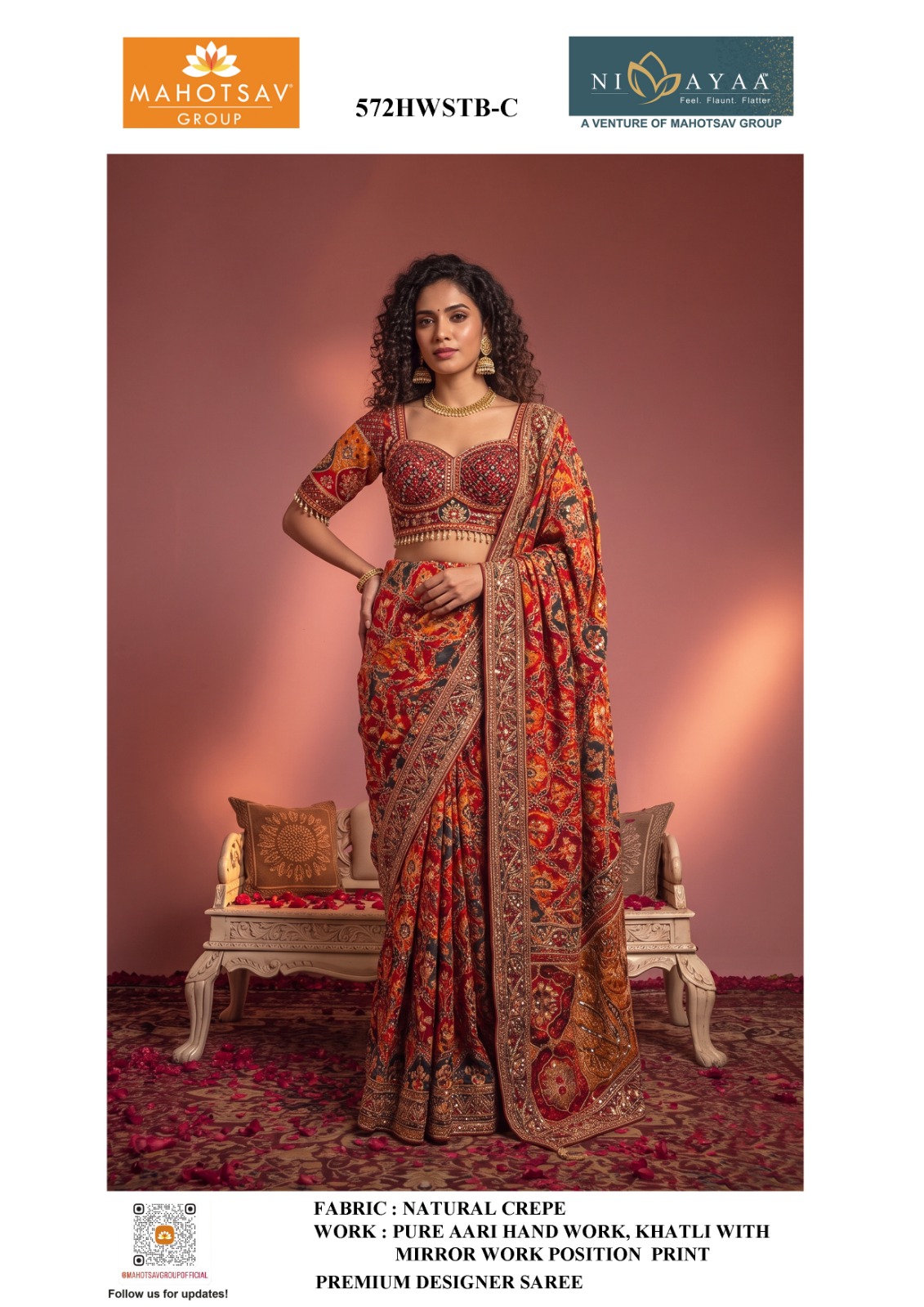 Mahotsav Nimaya Rajwadi Natural Crepe Aari &amp; Mirror Work Saree — Singles, Mahotsav wholesale from Surat — view 3
