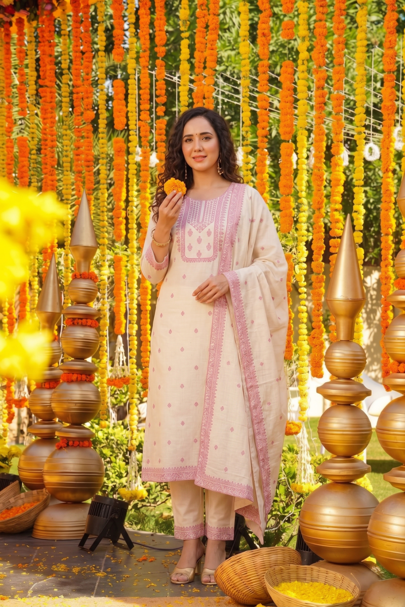 Md S Mahi 408 Pure Cotton Jacquard Worked Kurti With Bottom Dupatta Catalog