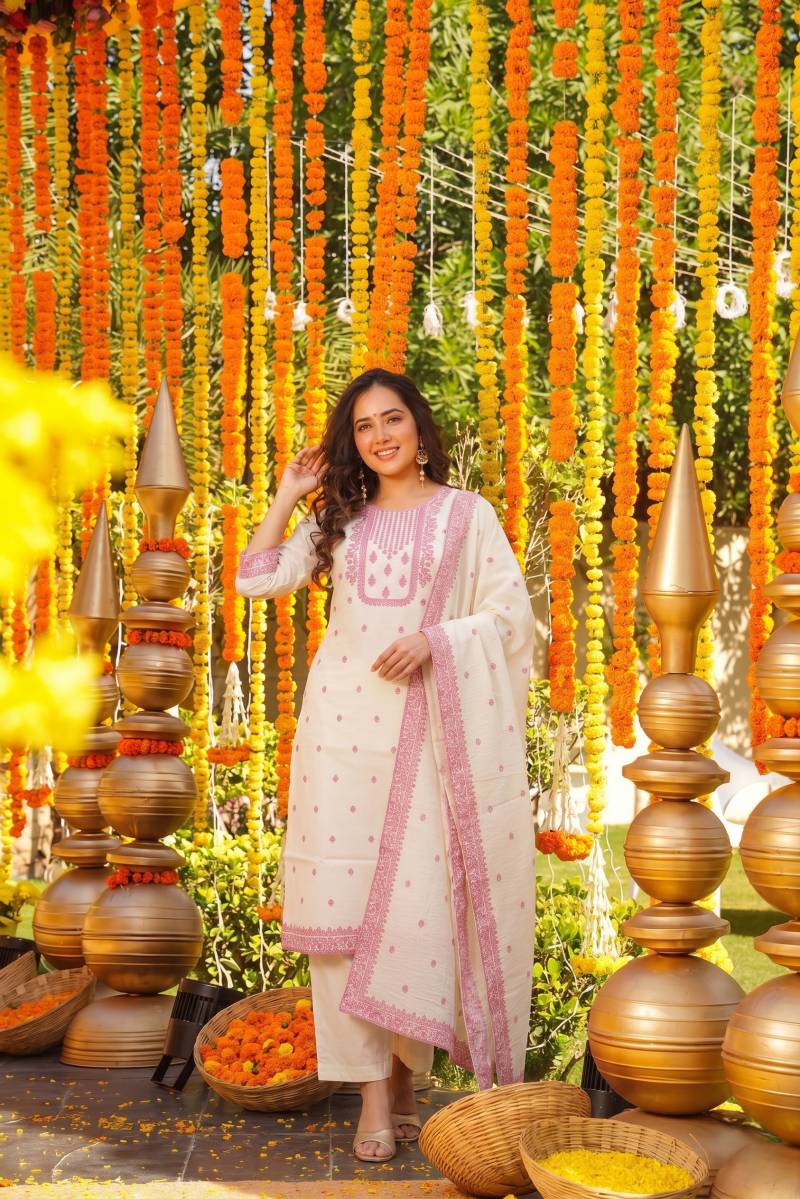 Md S Mahi 408 Pure Cotton Jacquard Worked Kurti With Bottom Dupatta Catalog — Wholesale Kurtis, Vardan Ethnic wholesale from Surat — Photo 2