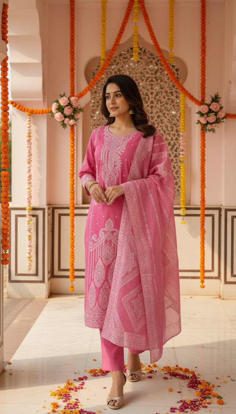 Md S Mahi 409 Pure Cotton Jacquard Worked Kurti With Bottom Dupatta Catalog — Wholesale Kurtis, Vardan Ethnic wholesale from Surat — Photo 2