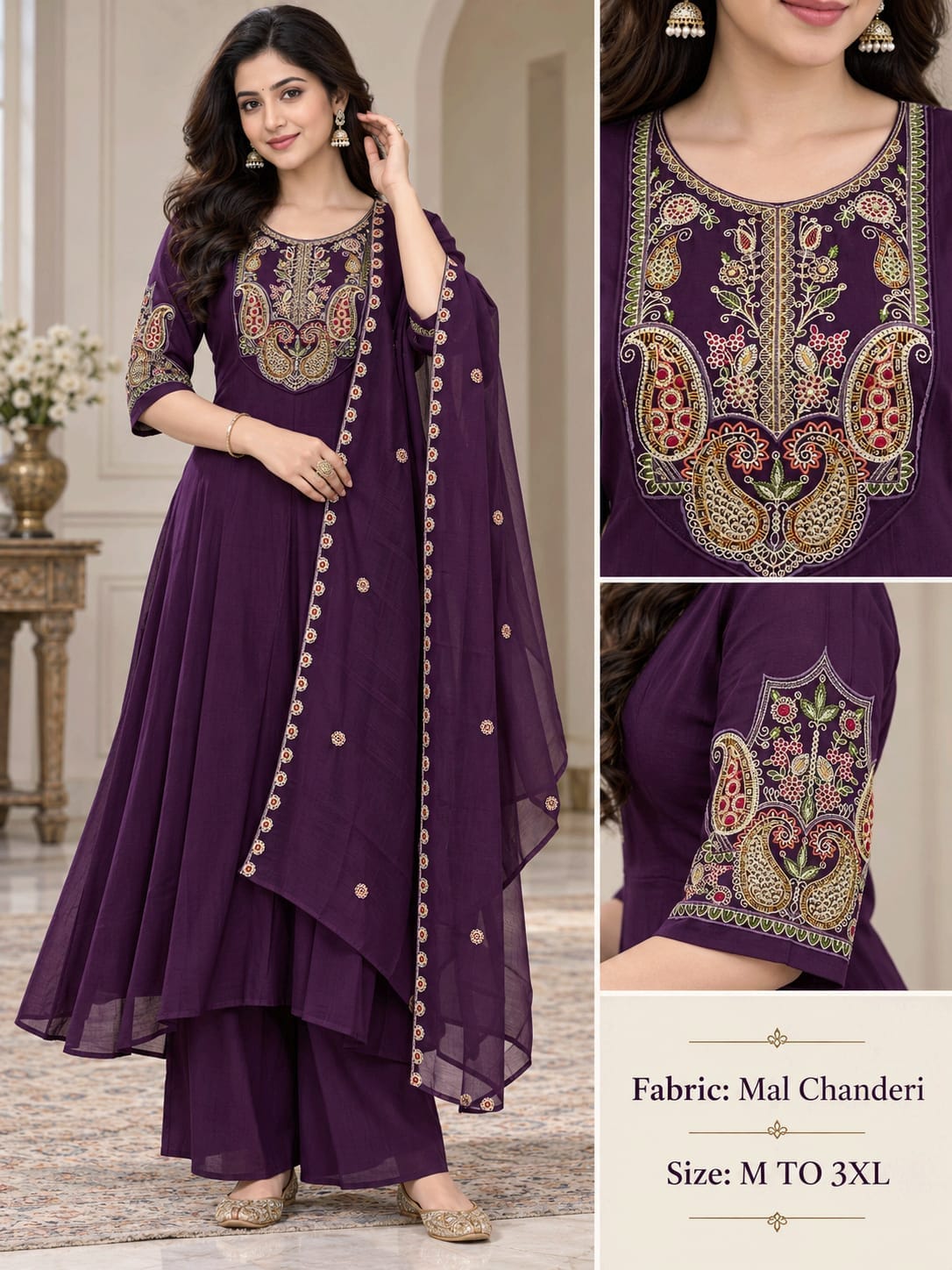 Mul Chanderi 1 Wholesale Anarkali Kurti With Bottom Dupatta Catalog — Wholesale Kurtis, Vardan Ethnic wholesale from Surat — Photo 3