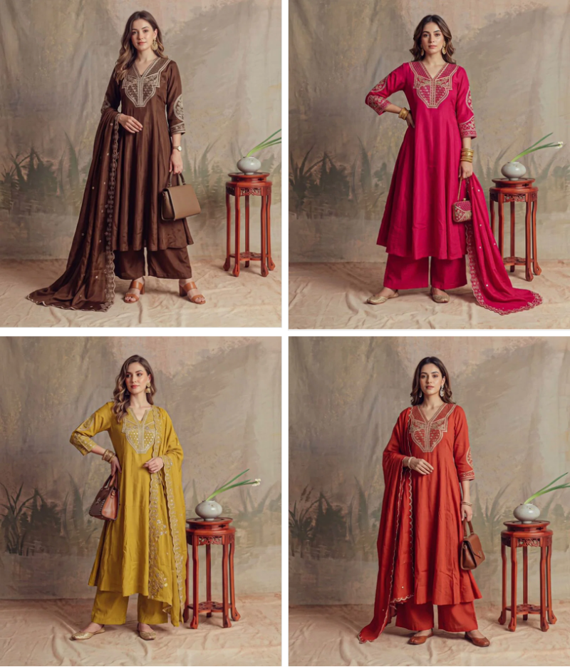 Naisha K 1365 Mul Chanderi Hand Work Designer Anarkali Kurti With Bottom Dupatta — Wholesale Kurtis, 1199 wholesale from Surat — Photo 5