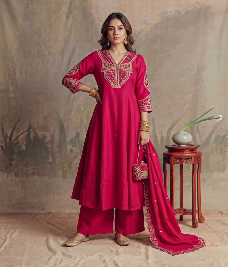 Naisha K 1365 Mul Chanderi Hand Work Designer Anarkali Kurti With Bottom Dupatta