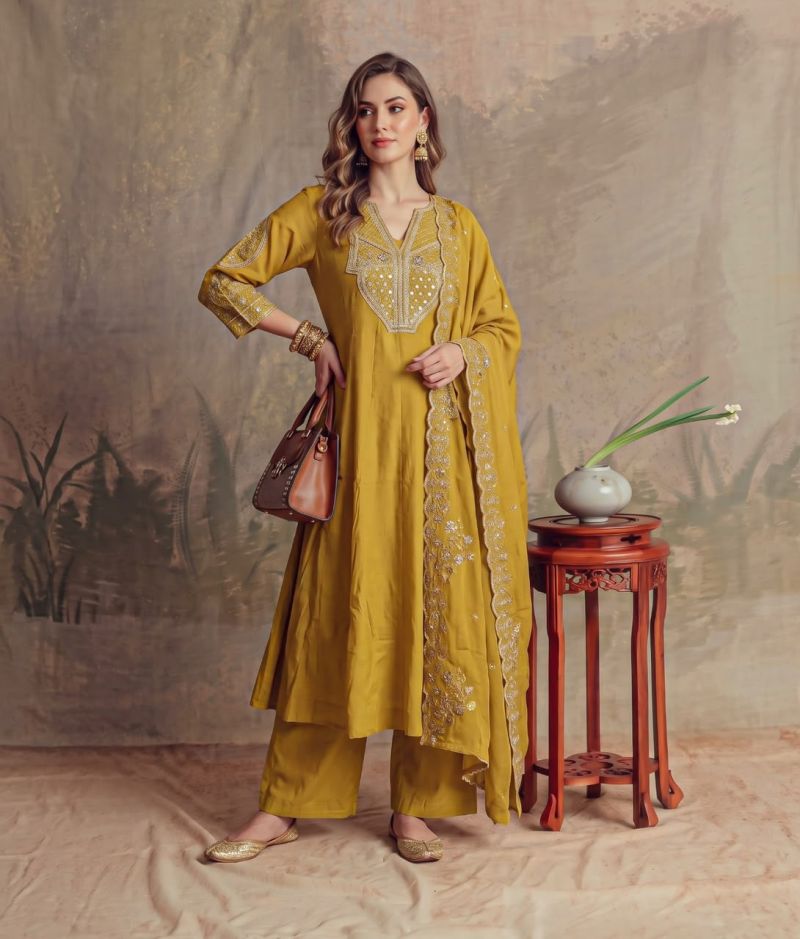 Naisha K 1365 Mul Chanderi Hand Work Designer Anarkali Kurti With Bottom Dupatta — Wholesale Kurtis, 1199 wholesale from Surat — Photo 4