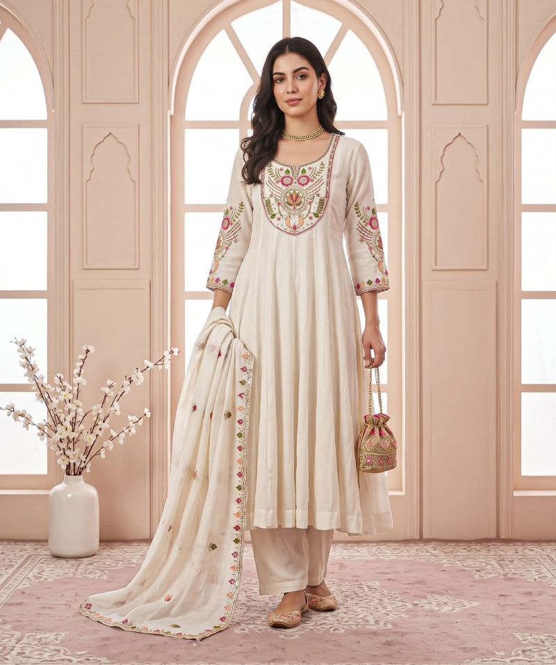 Naisha K 1366 Mul Chanderi Hand Work Designer Anarkali Kurti With Bottom Dupatta — Wholesale Kurtis, Vardan Ethnic wholesale from Surat — Photo 2
