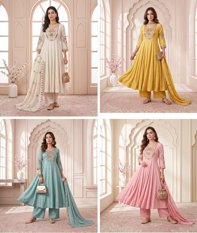 Naisha K 1366 Mul Chanderi Hand Work Designer Anarkali Kurti With Bottom Dupatta — Wholesale Kurtis, Vardan Ethnic wholesale from Surat — Photo 5