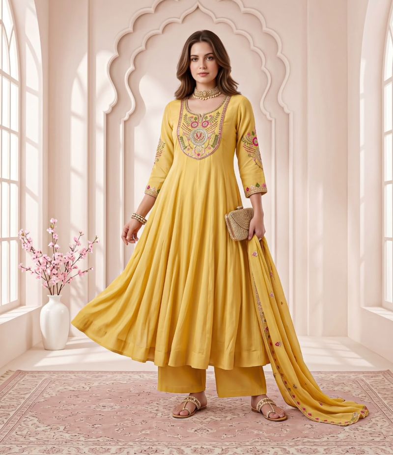 Naisha K 1366 Mul Chanderi Hand Work Designer Anarkali Kurti With Bottom Dupatta