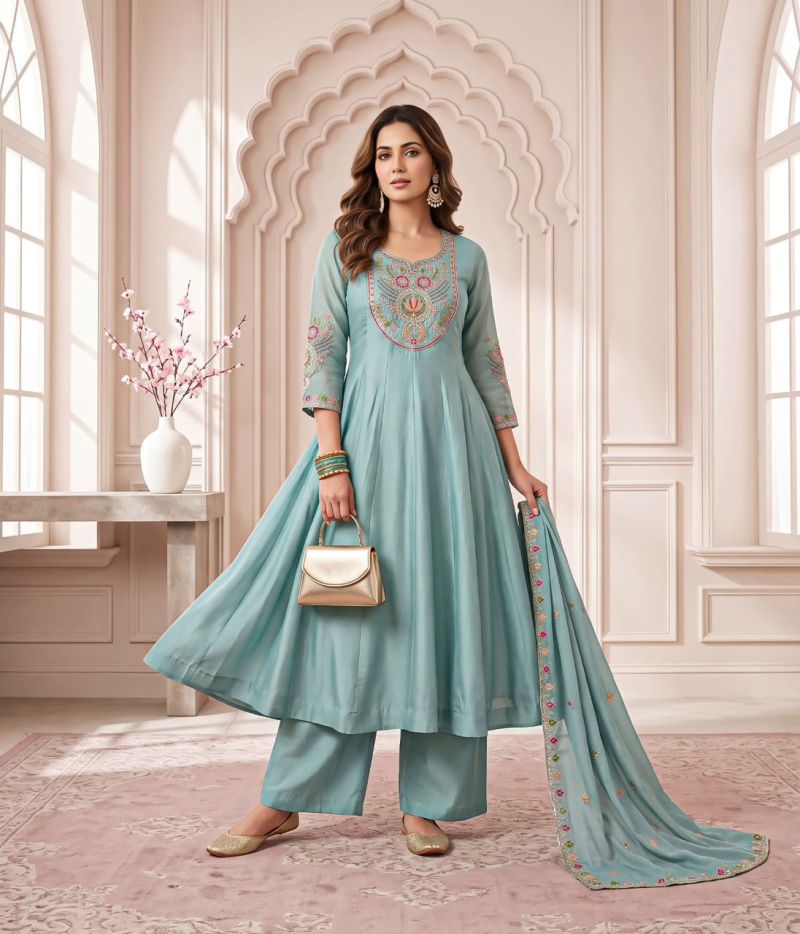 Naisha K 1366 Mul Chanderi Hand Work Designer Anarkali Kurti With Bottom Dupatta — Wholesale Kurtis, Vardan Ethnic wholesale from Surat — Photo 4