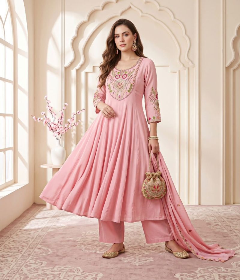 Naisha K 1366 Mul Chanderi Hand Work Designer Anarkali Kurti With Bottom Dupatta — Wholesale Kurtis, Vardan Ethnic wholesale from Surat — Photo 3