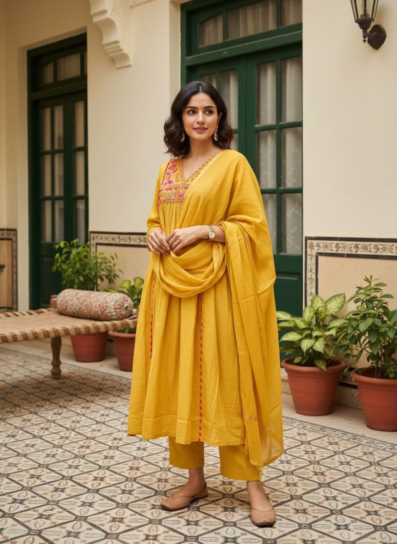 Naisha K 1367 Mul Chanderi Embroidered Anarkali Kurti With Bottom Dupatta — Wholesale Kurtis, Vardan Ethnic wholesale from Surat — Photo 3