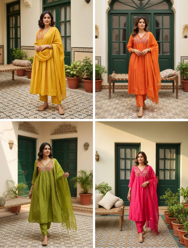 Naisha K 1367 Mul Chanderi Embroidered Anarkali Kurti With Bottom Dupatta — Wholesale Kurtis, Vardan Ethnic wholesale from Surat — Photo 5