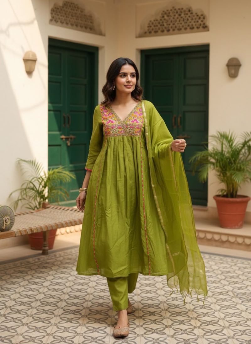 Naisha K 1367 Mul Chanderi Embroidered Anarkali Kurti With Bottom Dupatta