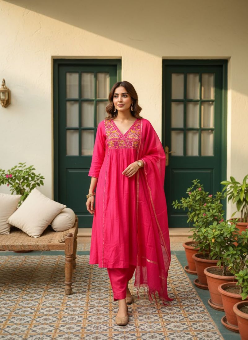 Naisha K 1367 Mul Chanderi Embroidered Anarkali Kurti With Bottom Dupatta — Wholesale Kurtis, Vardan Ethnic wholesale from Surat — Photo 4