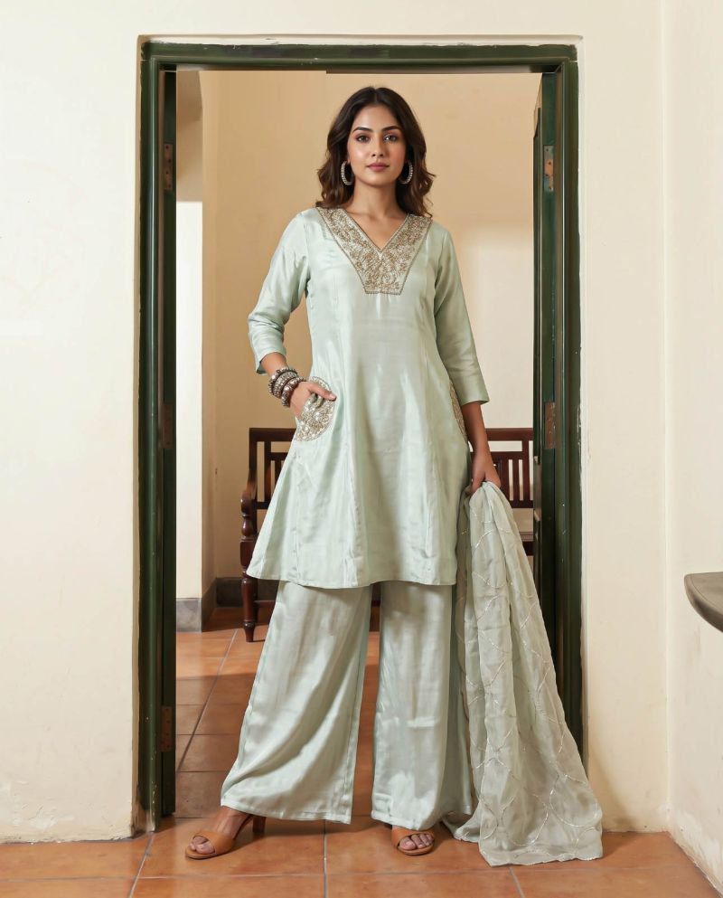 Naisha K 1369 Roman Glass Embroidered Anarkali Short Kurti With Bottom Dupatta — Wholesale Kurtis, Vardan Ethnic wholesale from Surat — Photo 2