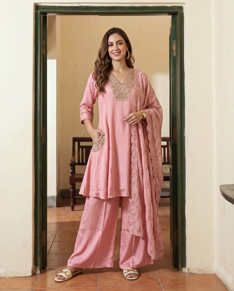 Naisha K 1369 Roman Glass Embroidered Anarkali Short Kurti With Bottom Dupatta — Wholesale Kurtis, Vardan Ethnic wholesale from Surat — Photo 5