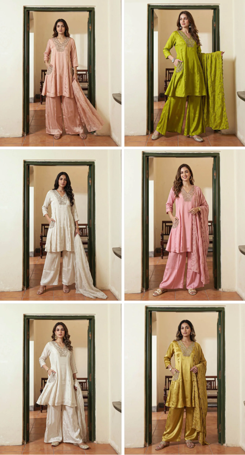 Naisha K 1369 Roman Glass Embroidered Anarkali Short Kurti With Bottom Dupatta — Wholesale Kurtis, Vardan Ethnic wholesale from Surat — Photo 13