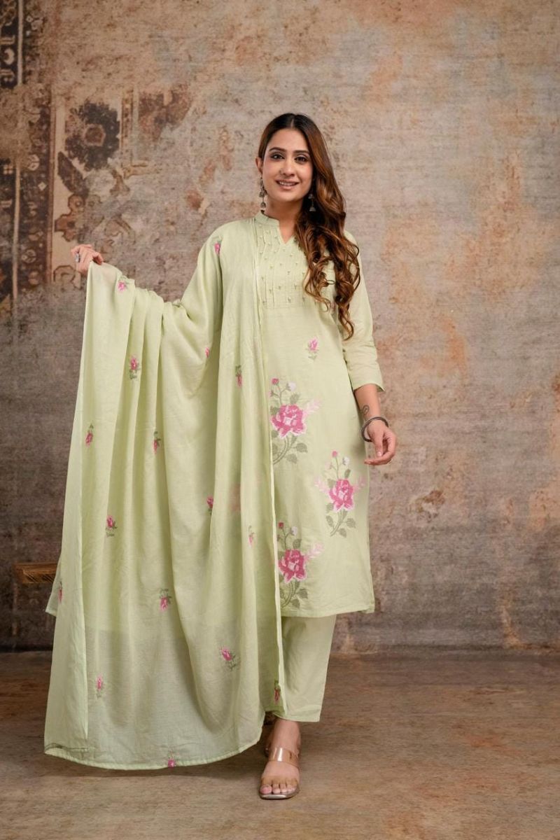 Naisha K 1376 Mul Mul Pintuck Embroidered Kurti With Bottom Dupatta Catalog — Wholesale Kurtis, Vardan Ethnic wholesale from Surat — Photo 3